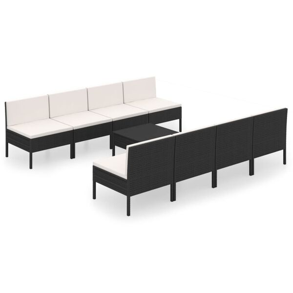 vidaXL Set de muebles de jard&iacute;n 9 pzas cojines rat&aacute;n sint&eacute;tico negro