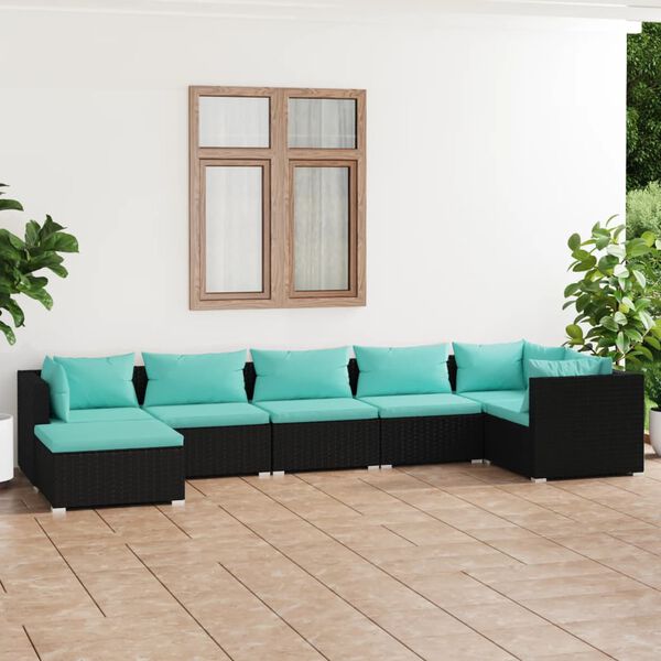 vidaXL Set de muebles de jard&iacute;n 7 pzas y cojines rat&aacute;n sint&eacute;tico negro