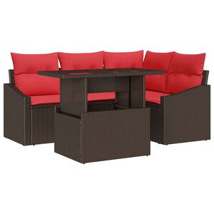 vidaXL Conjunto de sof&aacute; de jard&iacute;n 5 uds. Marr&oacute;n y Rojo rat&aacute;n sint&eacute;tico