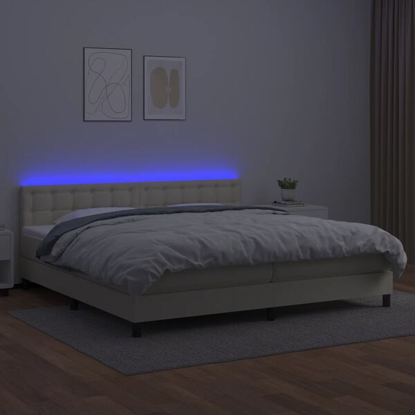 vidaXL Cama box spring colch&oacute;n y LED cuero sint&eacute;tico crema 200x200 cm