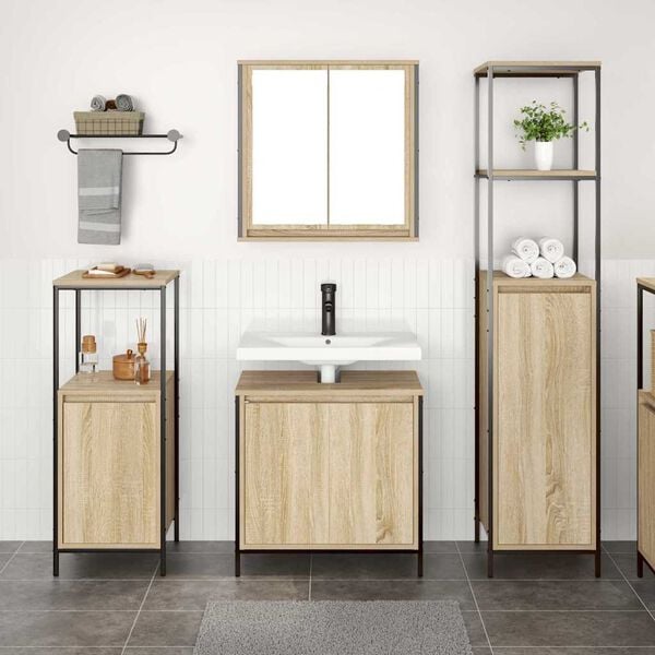 vidaXL Juego de muebles de ba&ntilde;o con estante 3 pcs Roble Sonoma y Negro