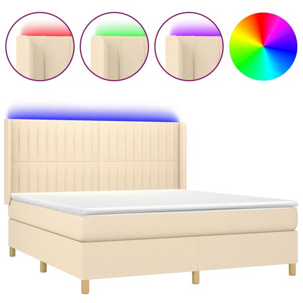 vidaXL Cama box spring colch&oacute;n y luces LED tela crema 160x200 cm