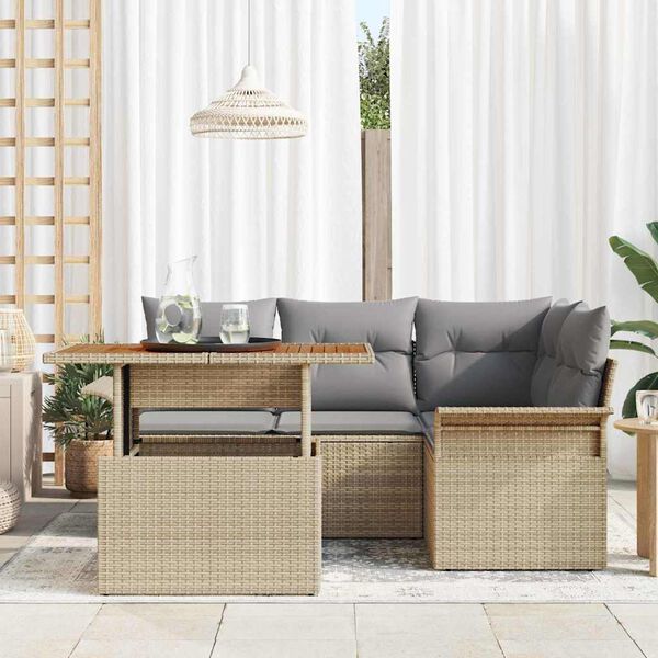vidaXL Conjunto de sof&aacute; de jard&iacute;n 5 pcs Beige Polirat&aacute;n