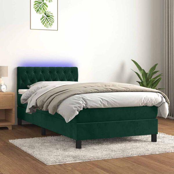 vidaXL Cama box spring colch&oacute;n y LED terciopelo verde oscuro 90x190 cm