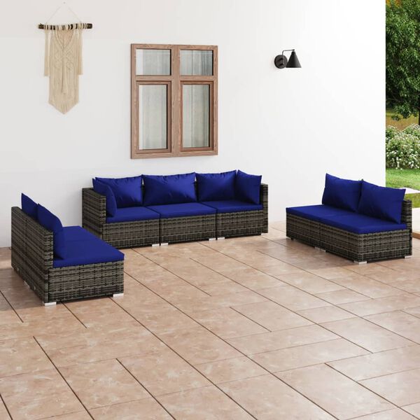 vidaXL Set de muebles de jard&iacute;n 7 pzas y cojines rat&aacute;n sint&eacute;tico gris
