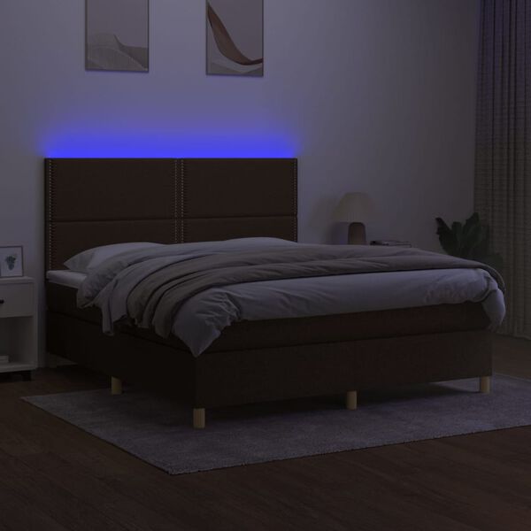 vidaXL Cama box spring colch&oacute;n luces LED tela marr&oacute;n oscuro 180x200cm