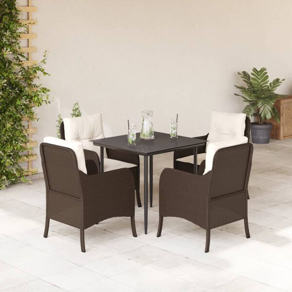 vidaXL Set comedor de jard&iacute;n 5 piezas y cojines rat&aacute;n sint&eacute;tico marr&oacute;n