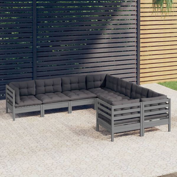 vidaXL Muebles de jard&iacute;n 8 pzas y cojines gris madera maciza de pino