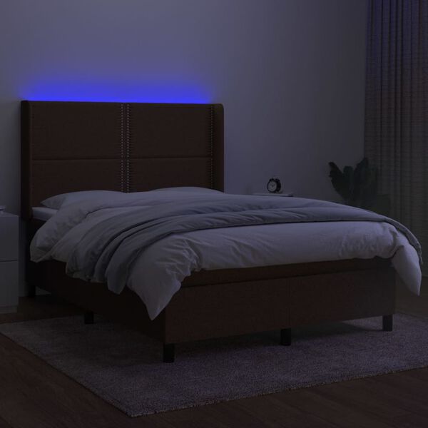 vidaXL Cama box spring colch&oacute;n luces LED tela marr&oacute;n oscuro 140x200cm