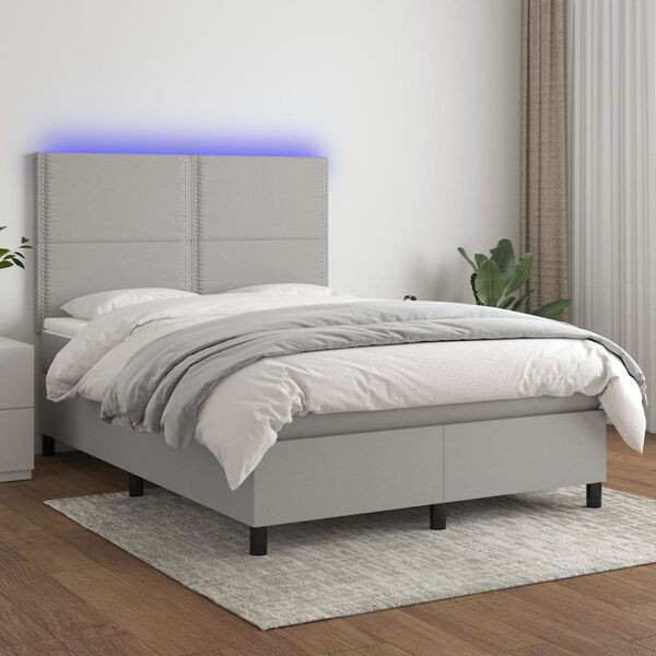 vidaXL Cama box spring colch&oacute;n y luces LED tela gris claro 140x200 cm