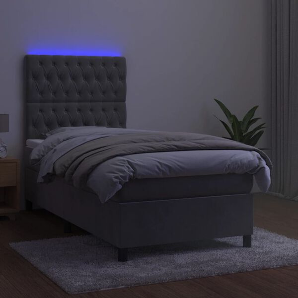 vidaXL Cama box spring colch&oacute;n y LED terciopelo gris claro 90x190 cm