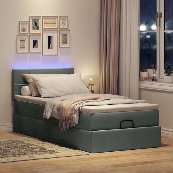 vidaXL Cama otomana con colch&oacute;n y LED tela gris oscuro 80x200cm