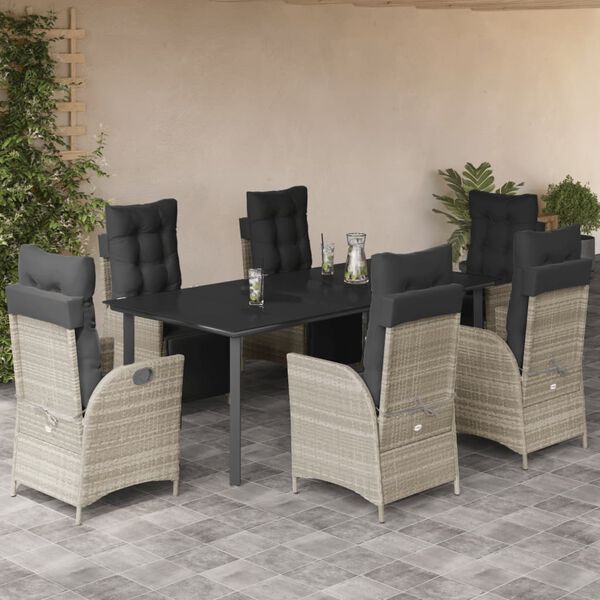 vidaXL Set comedor jard&iacute;n 7 pzas y cojines rat&aacute;n sint&eacute;tico gris claro