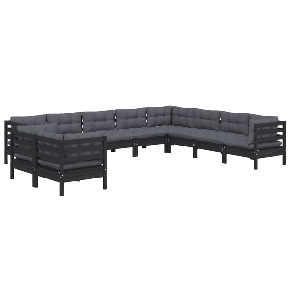 vidaXL Muebles de jard&iacute;n 10 pzas y cojines negro madera maciza de pino