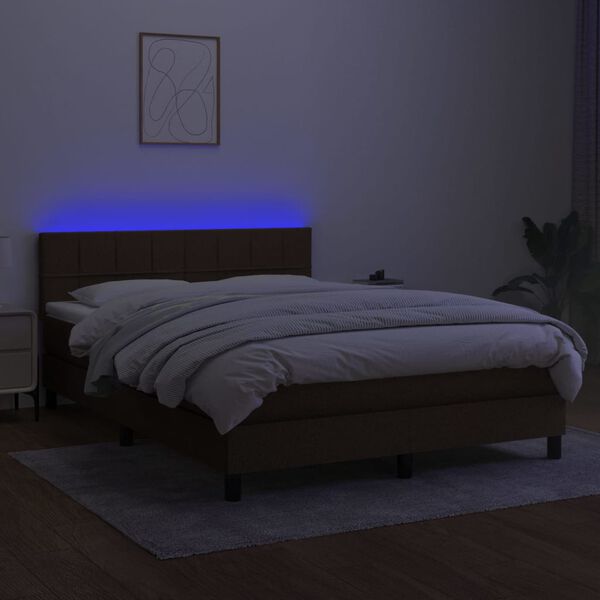 vidaXL Cama box spring colch&oacute;n luces LED tela marr&oacute;n oscuro 140x190 cm