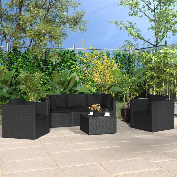 vidaXL Set de muebles de jard&iacute;n 4 pzas y cojines rat&aacute;n sint&eacute;tico negro