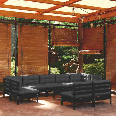 vidaXL Muebles de jardín 10 pzas y cojines negro madera maciza de pino