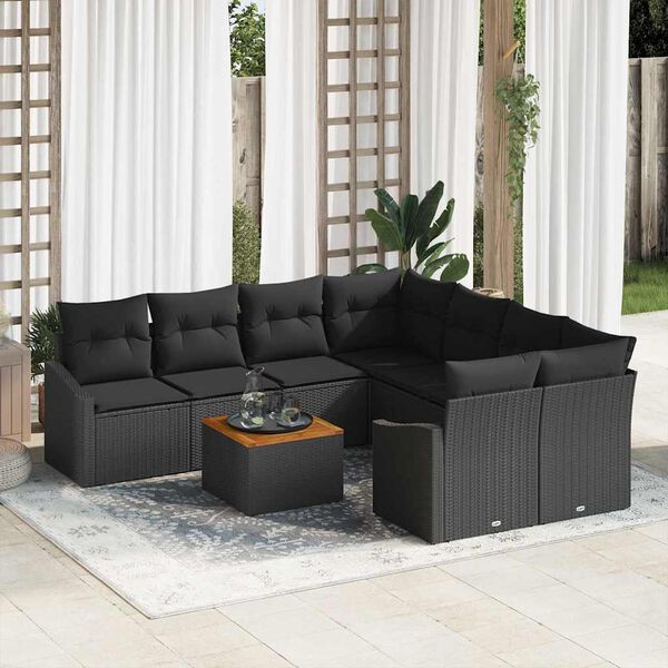 vidaXL Conjunto de sof&aacute;s de jard&iacute;n 9 pcs Negro rat&aacute;n sint&eacute;tico