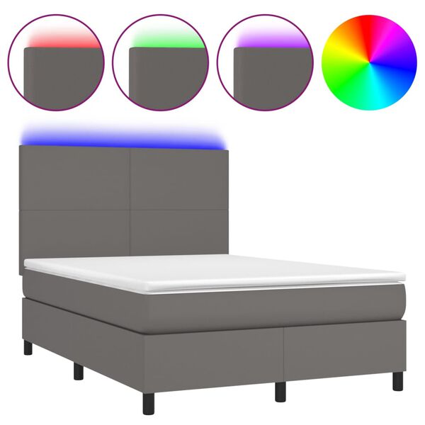 vidaXL Cama box spring colch&oacute;n y LED cuero sint&eacute;tico gris 140x190 cm