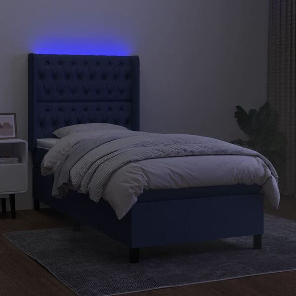 vidaXL Cama box spring colch&oacute;n y luces LED tela azul 90x190 cm
