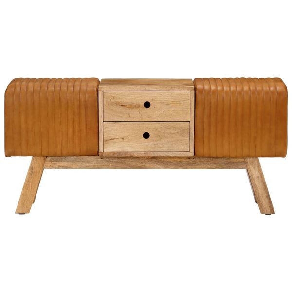 vidaXL Banco Bok madera de mango piel de cabra aut&eacute;ntica marr&oacute;n 107 cm