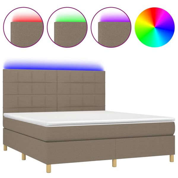 vidaXL Cama box spring colch&oacute;n y luces LED tela gris taupe 180x200 cm