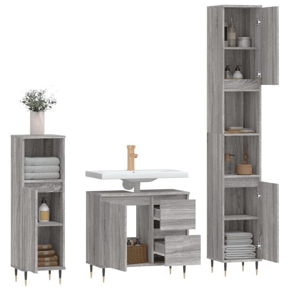 vidaXL Set de muebles de ba&ntilde;o 3 pzas madera contrachapada gris sonoma