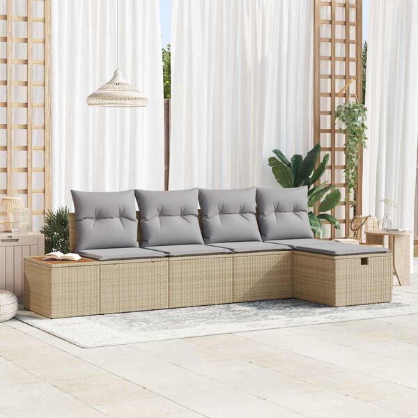 vidaXL Conjunto de sof&aacute; de jard&iacute;n con almohada 5 pcs Beige Polirat&aacute;n