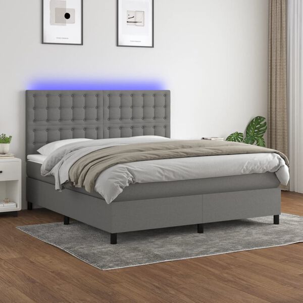 vidaXL Cama box spring colch&oacute;n y luces LED tela gris oscuro 180x200 cm