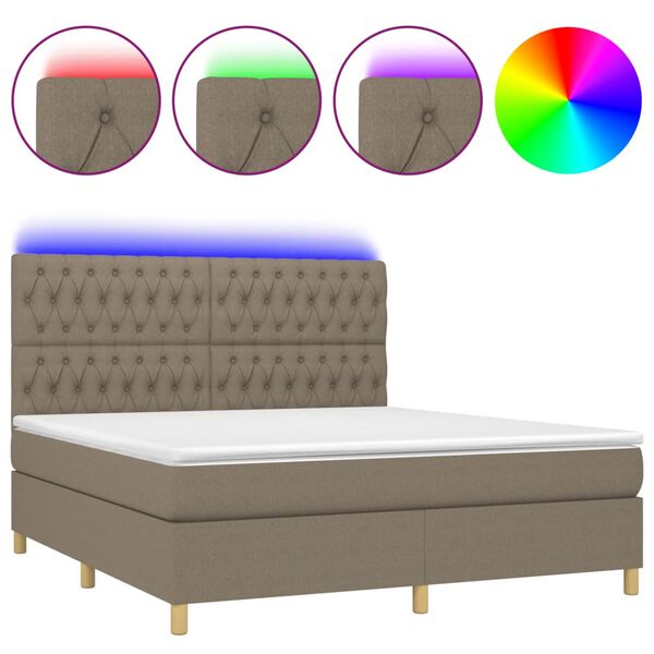 vidaXL Cama box spring colch&oacute;n y luces LED tela gris taupe 180x200 cm
