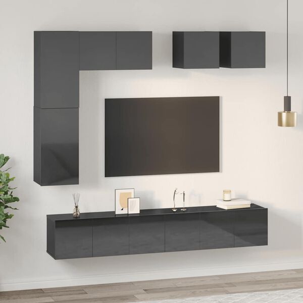 vidaXL Muebles de TV de sal&oacute;n 8 pzas madera de ingenier&iacute;a gris brillo
