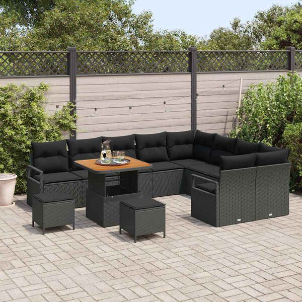 vidaXL Conjunto de sofá de jardín con cojín 12 pcs Negro Poliratán