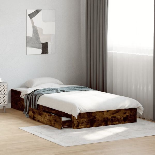 vidaXL Cama con cajones madera de ingeniería roble ahumado 100x200 cm