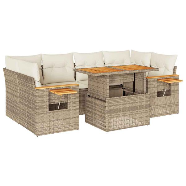 vidaXL Set sof&aacute;s jard&iacute;n y cojines 7 pzas rat&aacute;n sint&eacute;tico acacia beige