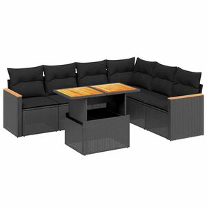 vidaXL Set de comedor de jard&iacute;n 7 pzas y cojines rat&aacute;n sint&eacute;tico negro
