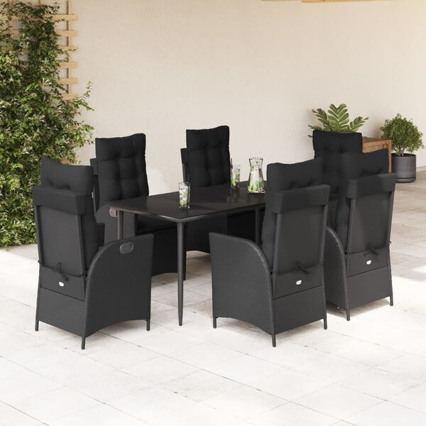 vidaXL Set de comedor de jard&iacute;n 7 pzas y cojines rat&aacute;n sint&eacute;tico negro