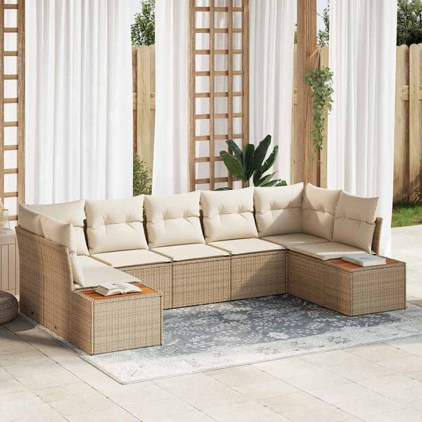 vidaXL Conjunto de sof&aacute;s de jard&iacute;n 7 pcs Beige y Crema Rat&aacute;n sint&eacute;tico