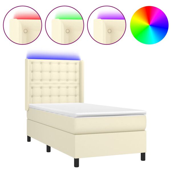 vidaXL Cama box spring y colch&oacute;n LED cuero sint&eacute;tico crema 90x200 cm