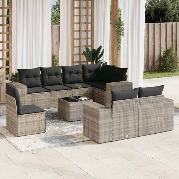 vidaXL Set muebles jard&iacute;n 9 pzas y cojines rat&aacute;n sint&eacute;tico gris claro