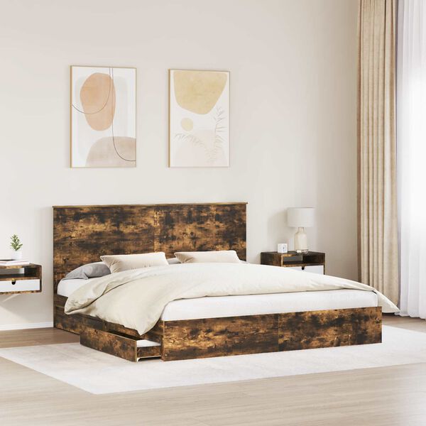 vidaXL Cama con almacenamiento con cabecera Roble ahumado 180 x 200 cm