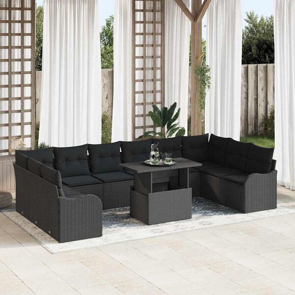 vidaXL Conjunto de sof&aacute; de jard&iacute;n con coj&iacute;n 11 pcs Negro Polirat&aacute;n