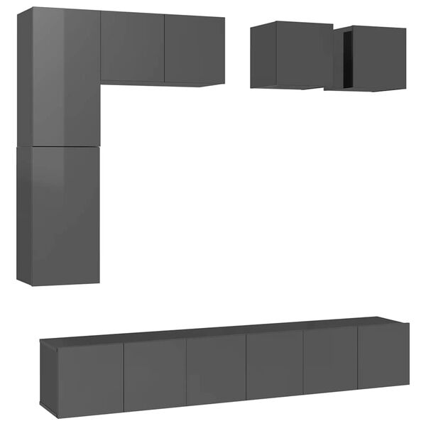 vidaXL Muebles de TV de sal&oacute;n 8 pzas madera de ingenier&iacute;a gris brillo