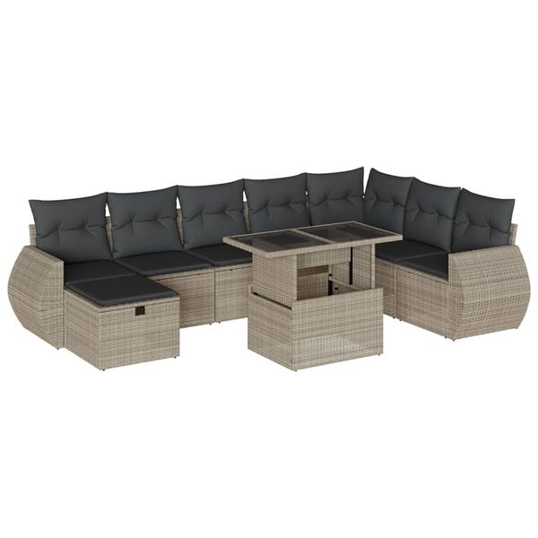 vidaXL Set muebles jard&iacute;n 9 pzas y cojines rat&aacute;n sint&eacute;tico gris claro