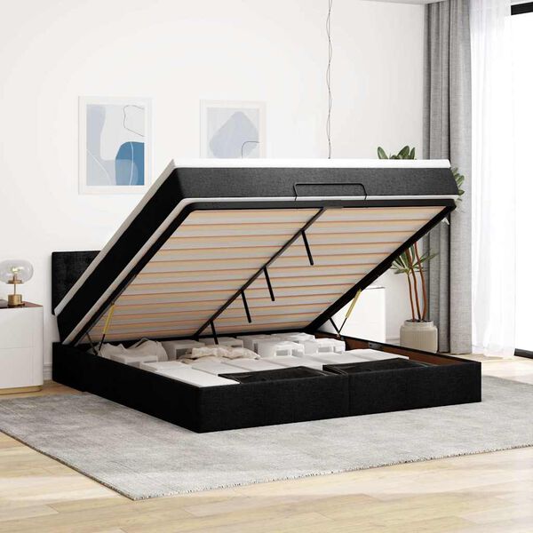 vidaXL Cama otomana con colch&oacute;n y luces LED tela negra 180x200cm