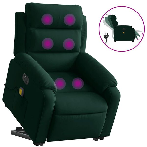 vidaXL Sill&oacute;n masaje reclinable elevable terciopelo verde oscuro