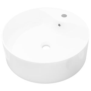 Lavabo de cer&aacute;mica con agujero para grifo/desag&uuml;e blanco redondo