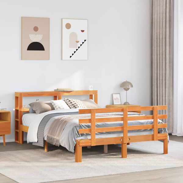 vidaXL Estructura cama con cabecero madera pino marr&oacute;n cera 135x190 cm