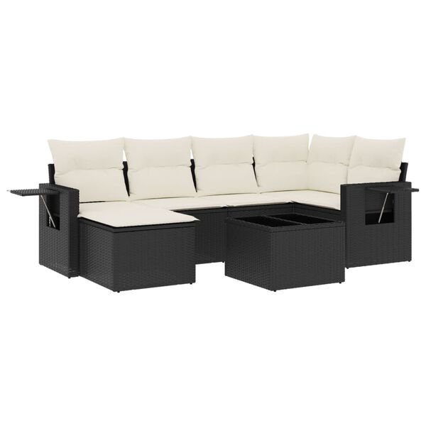 vidaXL Set de comedor de jard&iacute;n 7 pzas y cojines rat&aacute;n sint&eacute;tico negro