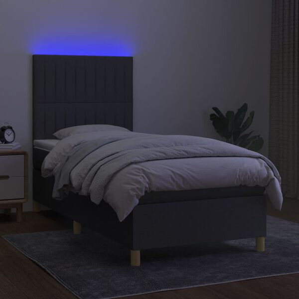 vidaXL Cama box spring colch&oacute;n y luces LED tela gris oscuro 90x190 cm