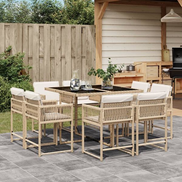vidaXL Set comedor de jard&iacute;n 9 pzas con cojines rat&aacute;n sint&eacute;tico beige